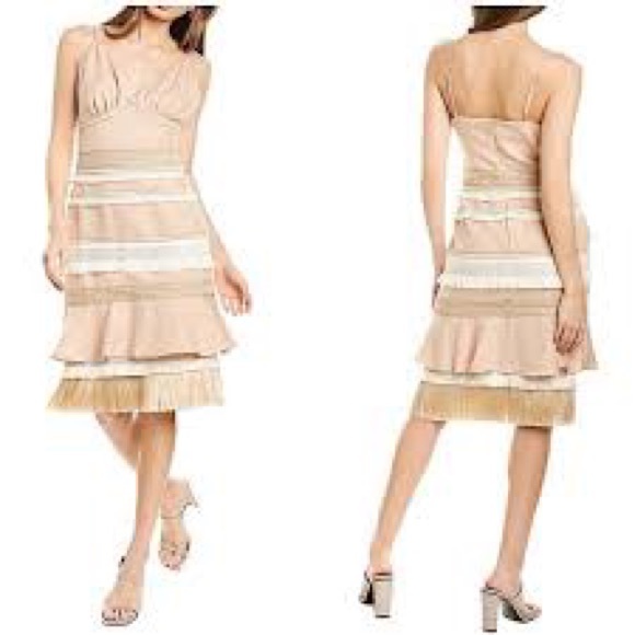 PatBO Fringe Trim Ruffle Linen Mini knee length Dress sand size 36 US 4 new - Picture 5 of 10